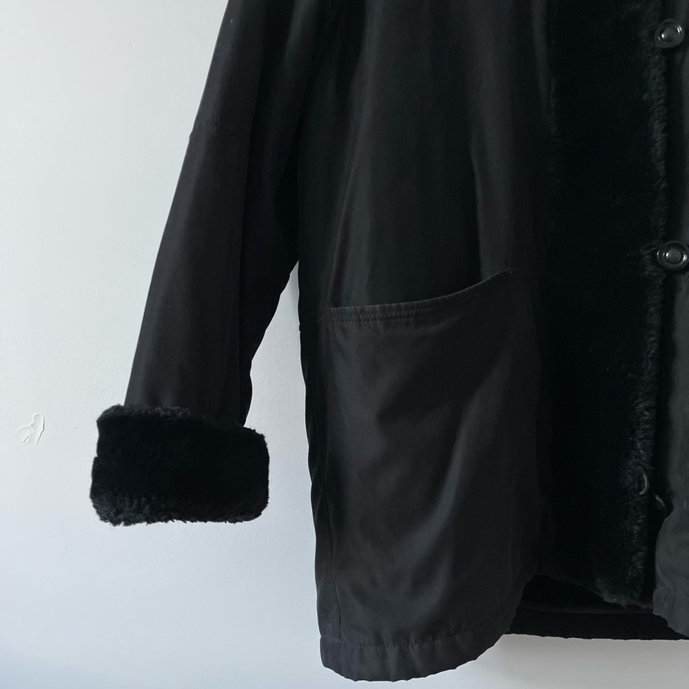 Vintage Black Hooded Faux Fur Button Down Coat - size L - Picture 5 of 6